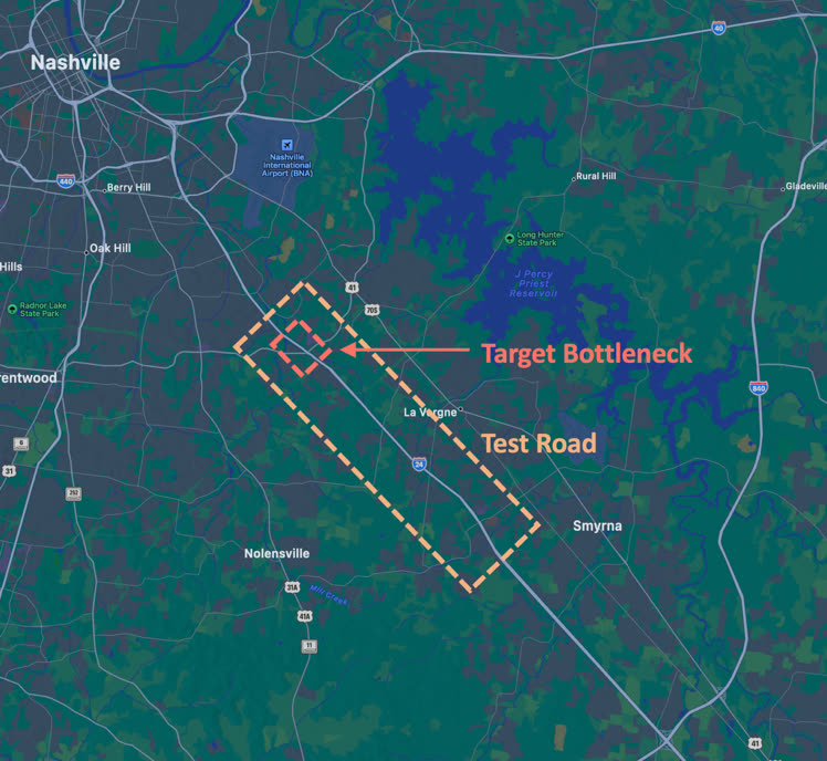 Map of the Nashville area showing the I-24 test road and the target bottleneck